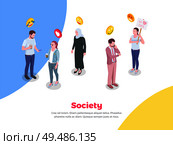 Society people isometric background with doodle style human characters and emoji smiles emoticons with editable text vector illustration. Стоковая иллюстрация, агентство Ingram Publishing / Фотобанк Лори
