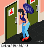 Diabetes isometric background with young woman holding her stomach and suffering from frequent urination vector illustration. Стоковая иллюстрация, агентство Ingram Publishing / Фотобанк Лори