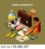 Commodity isometric composition with conceptual images of farming related items animals and infographic elements with text vector illustration. Стоковая иллюстрация, агентство Ingram Publishing / Фотобанк Лори