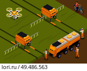 Agricultural automated robots fertilizing and spraying pesticides on crops with monitoring area drone isometric composition vector illustration. Стоковая иллюстрация, агентство Ingram Publishing / Фотобанк Лори