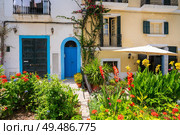 Ibiza Eivissa downtown Dalt Vila flower facades in Balearic Islands. Стоковое фото, агентство Ingram Publishing / Фотобанк Лори