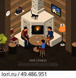 Home cosiness composition with family during playing cards near fire place isometric vector illustration. Стоковая иллюстрация, агентство Ingram Publishing / Фотобанк Лори