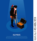 Old pirate with wooden leg and parrot near treasure chest isometric composition on blue background vector illustration. Стоковая иллюстрация, агентство Ingram Publishing / Фотобанк Лори