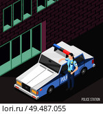 Police station isometric background with female character in policeman uniform standing near police car with flashing lights vector illustration. Стоковая иллюстрация, агентство Ingram Publishing / Фотобанк Лори