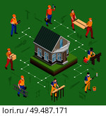 Construction isometric flowchart composition with characters of laborers and tradesmen with silhouette pictograms of building tools vector illustration. Стоковая иллюстрация, агентство Ingram Publishing / Фотобанк Лори