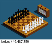 Chess game beginning isometric composition with clock 16 each white and black pieces on chessboard vector illustration. Стоковая иллюстрация, агентство Ingram Publishing / Фотобанк Лори
