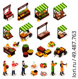 Farmer market isometric icons set of counters boxes casks with fresh meat fruits vegetables dairy and sea produce vector illustration. Стоковая иллюстрация, агентство Ingram Publishing / Фотобанк Лори