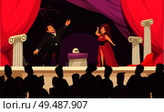 Opera theater scene flat cartoon poster with 2 singers aria onstage performance and audience silhouettes vector illustration. Стоковая иллюстрация, агентство Ingram Publishing / Фотобанк Лори