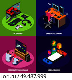 Gaming development 2x2 design concept set of mobile pc and cooperative modes of game isometric vector illustration. Стоковая иллюстрация, агентство Ingram Publishing / Фотобанк Лори