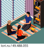 Alternative learning isometric background with teacher and kids sitting on floor during literature class vector illustration. Стоковая иллюстрация, агентство Ingram Publishing / Фотобанк Лори