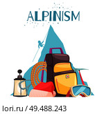 Mountaineering equipment cartoon composition poster with alpine mountain climbers gear rope ice axe backpack sunglasses vector illustration. Стоковая иллюстрация, агентство Ingram Publishing / Фотобанк Лори