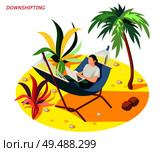 Downshifting stress escaping people isometric composition with woman relaxing while working on beach under palm vector illustration. Стоковая иллюстрация, агентство Ingram Publishing / Фотобанк Лори