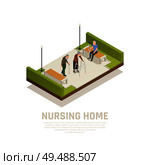 Elders with disabilities nursing home outdoor activities isometric composition with using cane crutches walker people vector illustration. Стоковая иллюстрация, агентство Ingram Publishing / Фотобанк Лори
