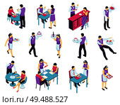 Isometric restaurant waiter set with isolated images of people attending cafe and waiter characters in uniform vector illustration. Стоковая иллюстрация, агентство Ingram Publishing / Фотобанк Лори
