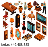 Antiquarian isometric set of vintage furniture striking clocks old books and items for home interior isolated vector illustration. Стоковая иллюстрация, агентство Ingram Publishing / Фотобанк Лори