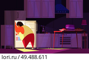 Gluttony night background with obsessive eating symbols flat vector illustration. Стоковая иллюстрация, агентство Ingram Publishing / Фотобанк Лори