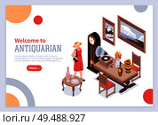 Antique isometric poster with elegant woman looking at interior items made in vintage style vector illustration. Стоковая иллюстрация, агентство Ingram Publishing / Фотобанк Лори