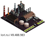 Industrial buildings isometric composition with plant area scenery factory facilities huge fabric buildings and transport units vector illustration. Стоковая иллюстрация, агентство Ingram Publishing / Фотобанк Лори