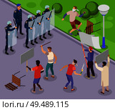 Activists isometric poster with teens using stones and molotov cocktails against police officers armed with batons and shields isometric vector illustration. Стоковая иллюстрация, агентство Ingram Publishing / Фотобанк Лори