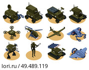 Military robots isometric icons set of underwater robot sapper air drones shooter tanks and trucks isolated vector illustration. Стоковая иллюстрация, агентство Ingram Publishing / Фотобанк Лори