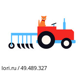 Tractor with plow for work on farm cartoon vector icon. Transport with cat sitting in cabin, isolated badge in cartoon style, farming theme sample. Tractor with Plow for Work on Farm Vector Icon. Стоковая иллюстрация, агентство Ingram Publishing / Фотобанк Лори