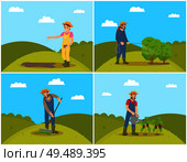 People planting and cultivating soil. Woman sowing seeds on land, man spreading compost. Farmer spraying bushes, watering aubergines eggplants vector. People Planting Cultivating Vector Illustration. Стоковая иллюстрация, агентство Ingram Publishing / Фотобанк Лори