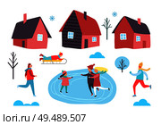 Winter people skating on frozen ice, houses set vector. Seasonal activities of family, kid riding sledges and man jogging. Snowflakes and snowy trees. Winter People Skating on Ice Houses Set Vector. Стоковая иллюстрация, агентство Ingram Publishing / Фотобанк Лори