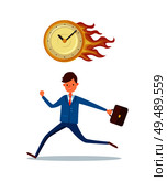 Deadline in office, burning clock and hurrying up male character with briefcase. Businessman running in stress, time management, last minute, watch in fire. Deadline in Office, Burning Clock Hurrying Up Male. Стоковая иллюстрация, агентство Ingram Publishing / Фотобанк Лори