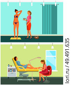 Tanning in spa salon and pedicure. Nail treatment care polishing of toenails by pedicurist. Tan gaining with spray, specialist in color change vector. Tanning in Spa Salon and Pedicure Nail Vector. Стоковая иллюстрация, агентство Ingram Publishing / Фотобанк Лори