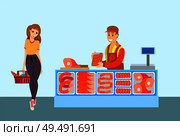 Supermarket butchers department and client holding basket with bought food vector. Male seller with sausages, pork and meat steaks, barbequed meal. Supermarket Butcher Department and Client Vector. Стоковая иллюстрация, агентство Ingram Publishing / Фотобанк Лори