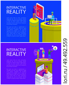 Virtual reality cyberspace set vector posters set with text sample. People using new technologies, vr glasses, innovative devices. Laptops and screens. Virtual Reality Cyberspace Set Vector Illustration. Стоковая иллюстрация, агентство Ingram Publishing / Фотобанк Лори