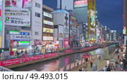 Osaka, Japan - Sep 22 2024, 4k, Panoramic view of Dotonbori river with a ship with tourists, a lot of people on embankment, there are a lot of advertising and illuminations on buildings, Osaka, Japan. Редакционное видео, видеограф Сергей Богомяко / Фотобанк Лори