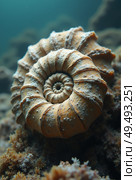 Ammonite shell on the seabed. Ancient mollusk. Стоковое AI-изображение, AI-художник Евгений Ткачёв / Фотобанк Лори