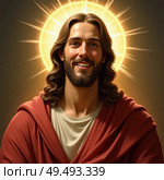 A serene figure with long hair and a warm smile stands against a glowing halo, evoking feelings of peace and inspiration while embodying compassion, inviting reflection Generative AI. Стоковое AI-изображение, AI-художник Юлия Петровская / Фотобанк Лори