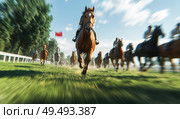 A horse race with a red flag in the background. Стоковое AI-изображение, AI-художник Ярославский Максим / Фотобанк Лори