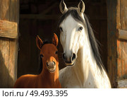 A baby horse stands next to a full-grown horse. Стоковое AI-изображение, AI-художник Ярославский Максим / Фотобанк Лори
