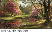 A painting depicting a river winding through a forest, with lush green trees on either side. Стоковое AI-изображение, AI-художник Данила Большаков / Фотобанк Лори