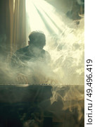 A man sits in front of a table obscured by billowing smoke. Стоковое AI-изображение, AI-художник Данила Большаков / Фотобанк Лори