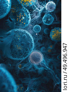 A digital visualization of neural cells with intricate synaptic connections and signaling pathways. Стоковое AI-изображение, AI-художник Данила Большаков / Фотобанк Лори