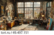 A room packed with various art pieces and furniture, creating a visually stimulating environment. Стоковое AI-изображение, AI-художник Данила Большаков / Фотобанк Лори