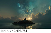 A person standing alone on a small island in the vast ocean, surrounded by water with no land in sight. Стоковое AI-изображение, AI-художник Данила Большаков / Фотобанк Лори