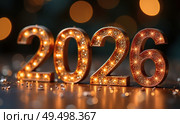 The banner. Happy New Year and Merry Christmas. Shiny numbers from 2026, sequins and a beautiful side on a dark background. The flyer. Invitation. Стоковое AI-изображение, AI-художник Photojuli / Фотобанк Лори