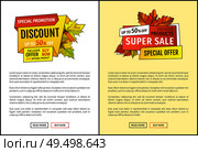 Vector autumn sale coupon, yellow foliage. Special promotion discount on Thanksgiving day, exclusive offer buy natural product posters with maple leaves. Autumn Sale Coupon, Yellow Foliage Special Promo. Стоковая иллюстрация, агентство Ingram Publishing / Фотобанк Лори