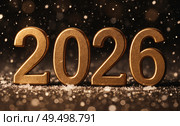 The banner. Happy New Year and Merry Christmas. Shiny numbers from 2026, sequins and a beautiful side on a dark background. The flyer. Invitation. Стоковое AI-изображение, AI-художник Photojuli / Фотобанк Лори