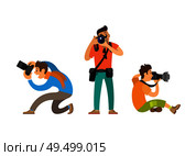Photographers making picture with modern digital cameras from bottom and front angles. Journalists or paparazzi taking photos vector illustrations.. Photographer or Photojournalists with Photo Camera. Стоковая иллюстрация, агентство Ingram Publishing / Фотобанк Лори