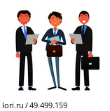 Business affairs, businessmen holding documents vector. Partners looking at details of contract, deal of company directors accomplices. People at work. Business Affairs of Businessmen Holding Documents. Стоковая иллюстрация, агентство Ingram Publishing / Фотобанк Лори