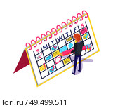 Calendar planner and man creating appointment event vector. Worker organizing workplace by scheduling business meeting. Person with weekly timetable. Calendar Planner and Man Creating Appointment. Стоковая иллюстрация, агентство Ingram Publishing / Фотобанк Лори