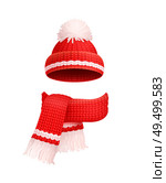 Winter warm red hat with white pom-pom and knitted scarf icons. Woolen neckcloth and headwear in realistic design, outfit clothes, personal accessories. Winter Warm Red Hat, White Pom-pom, Knitted Scarf. Стоковая иллюстрация, агентство Ingram Publishing / Фотобанк Лори
