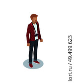 Isometric photographer creative profession person in hipster clothing with camera. Vector stylish and mod man realistic projection figure isolated.. Photographer Profession Isometric Figure Isolated. Стоковая иллюстрация, агентство Ingram Publishing / Фотобанк Лори