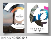 The vector layout of A4 format modern cover mockups design templates for brochure, magazine, flyer, annual report. Futuristic design circular pattern, circle elements forming geometric frame for photo. The vector layout of A4 format modern cover mockups design templates for brochure, magazine, flyer, report. Futuristic design circular pattern, circle elements forming geometric frame for photo. Стоковая иллюстрация, агентство Ingram Publishing / Фотобанк Лори